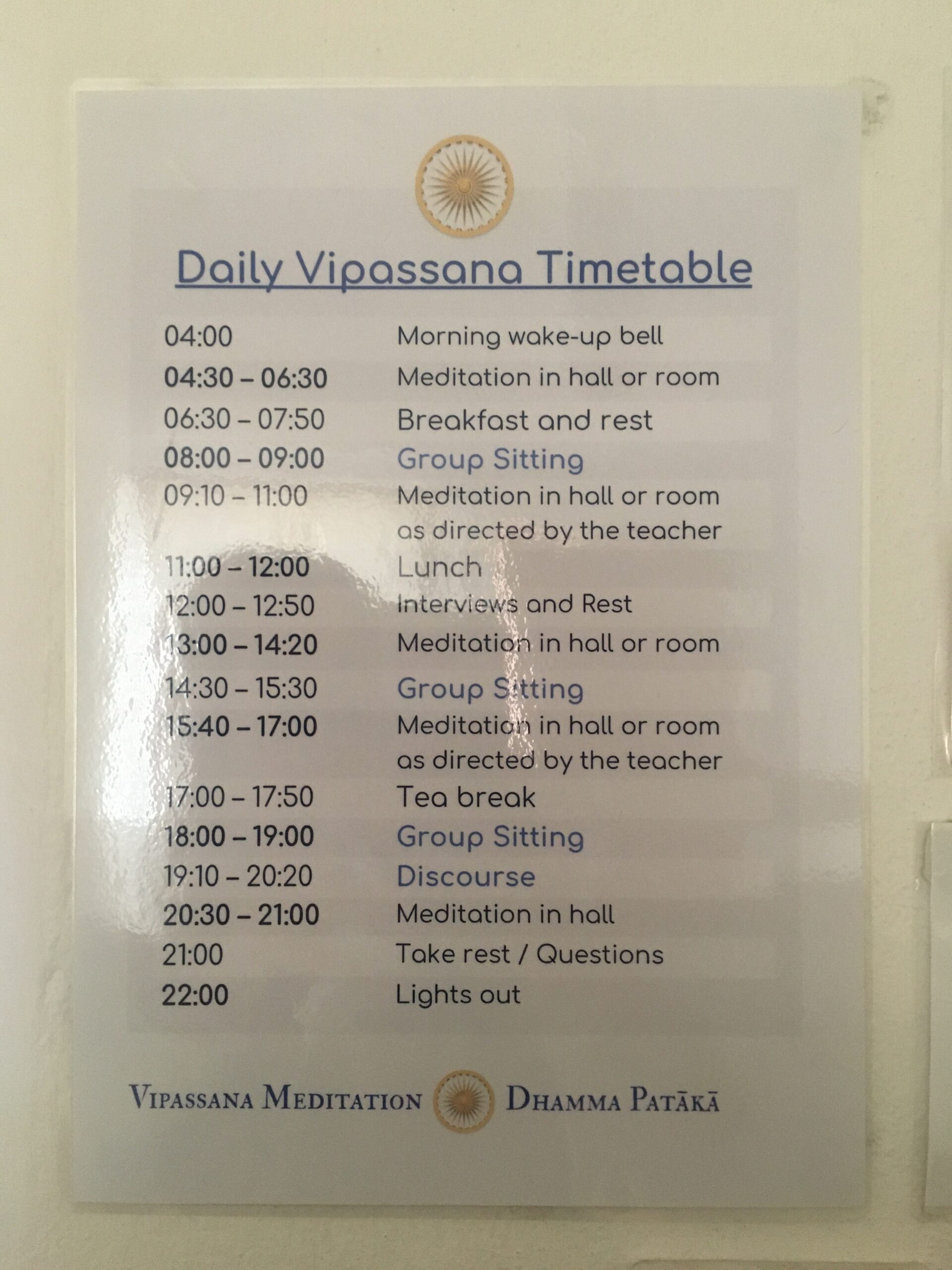 Timetable Vipassana Meditation Center Worcester